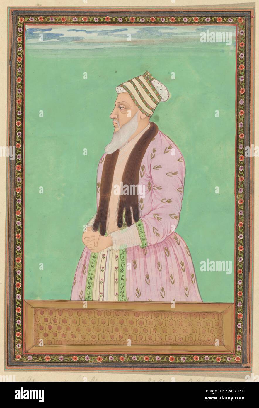 Portrait of Sharza Khan, who served as a visor in the time of Sultan Abdullah and is also a visor in the time of Abul Hasan, c. 1686 drawing. Indian miniature Sharza Khan is depicted up to his hips, used to the left, with his hands folded in front of him. Leaf 35 in the `Witsen-Album ', with 49 Indian miniatures of princes. Above the portrait a piece of paper with the name in Persian. Under the portrait a piece of paper with the name in the Portuguese. Golkonda paper. deck paint. gold leaf. gouache (paint) brush ruler, sovereign. historical person (...) - historical person (...) portrayed alon Stock Photo